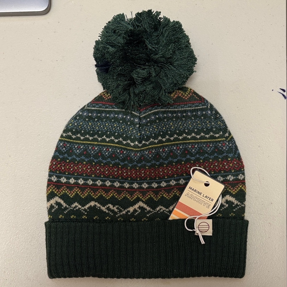 Beanie Unisex Green Patterned Pom-Pom  by Marine Layer